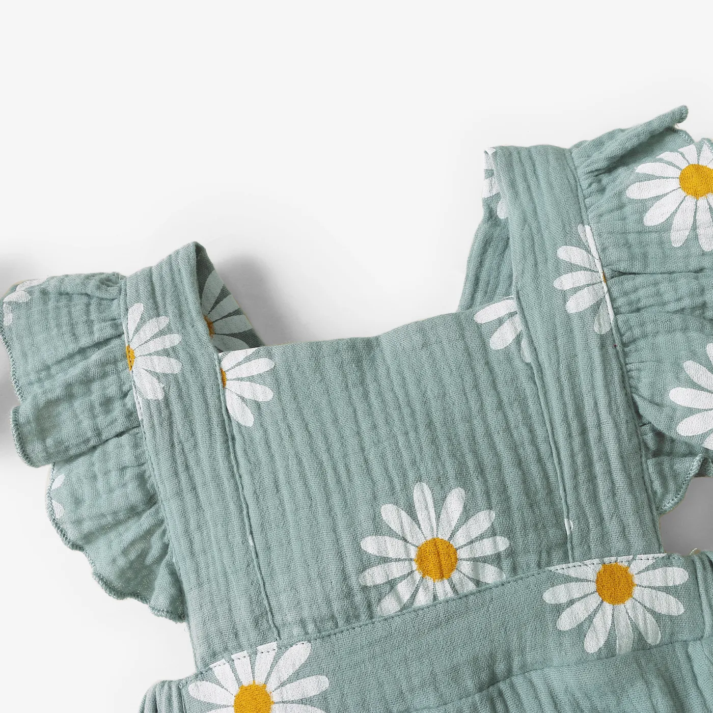 100% Cotton 2pcs Daisy Print Crepe Fabric Baby Romper Set Bluish Grey image 3
