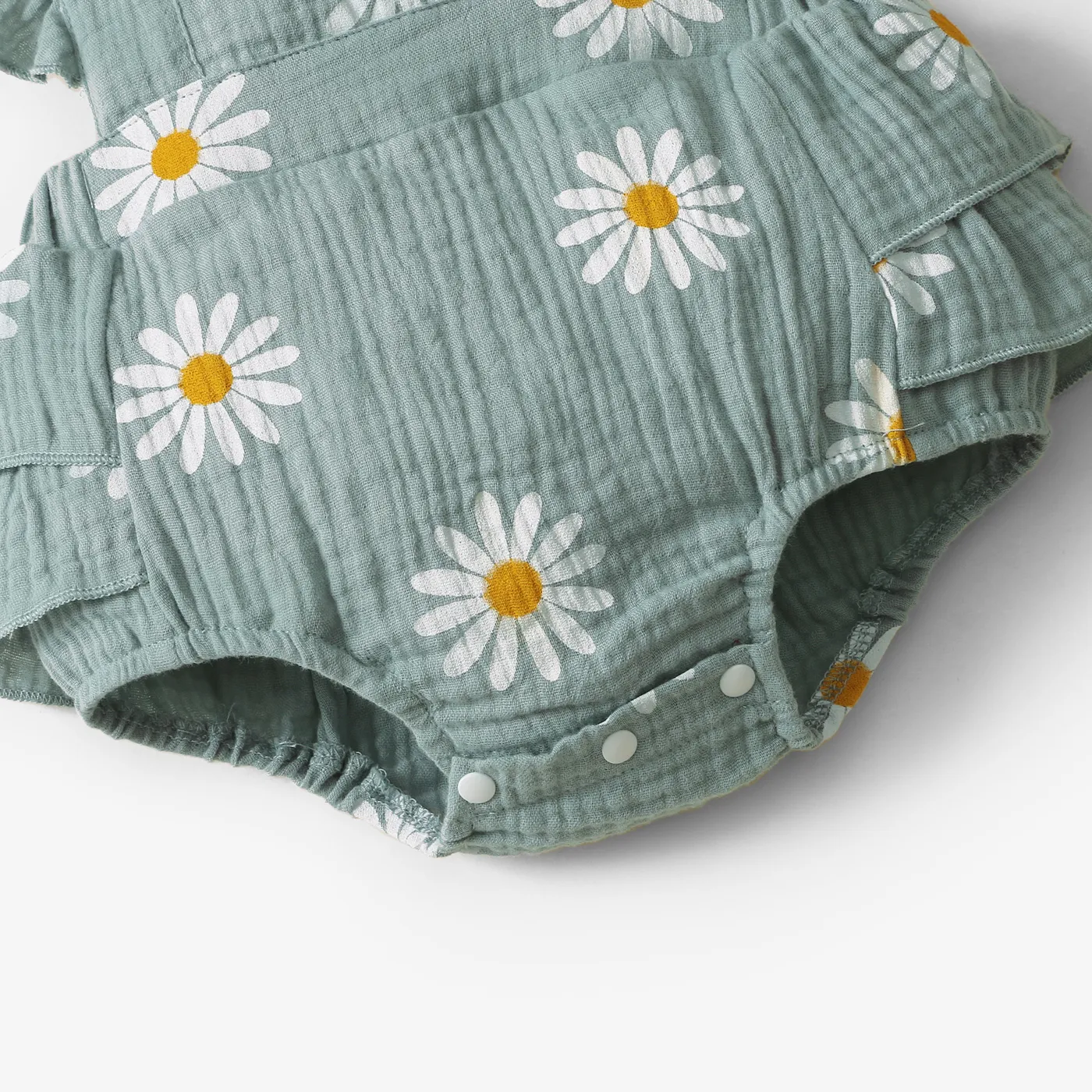 100% Cotton 2pcs Daisy Print Crepe Fabric Baby Romper Set Bluish Grey image 5