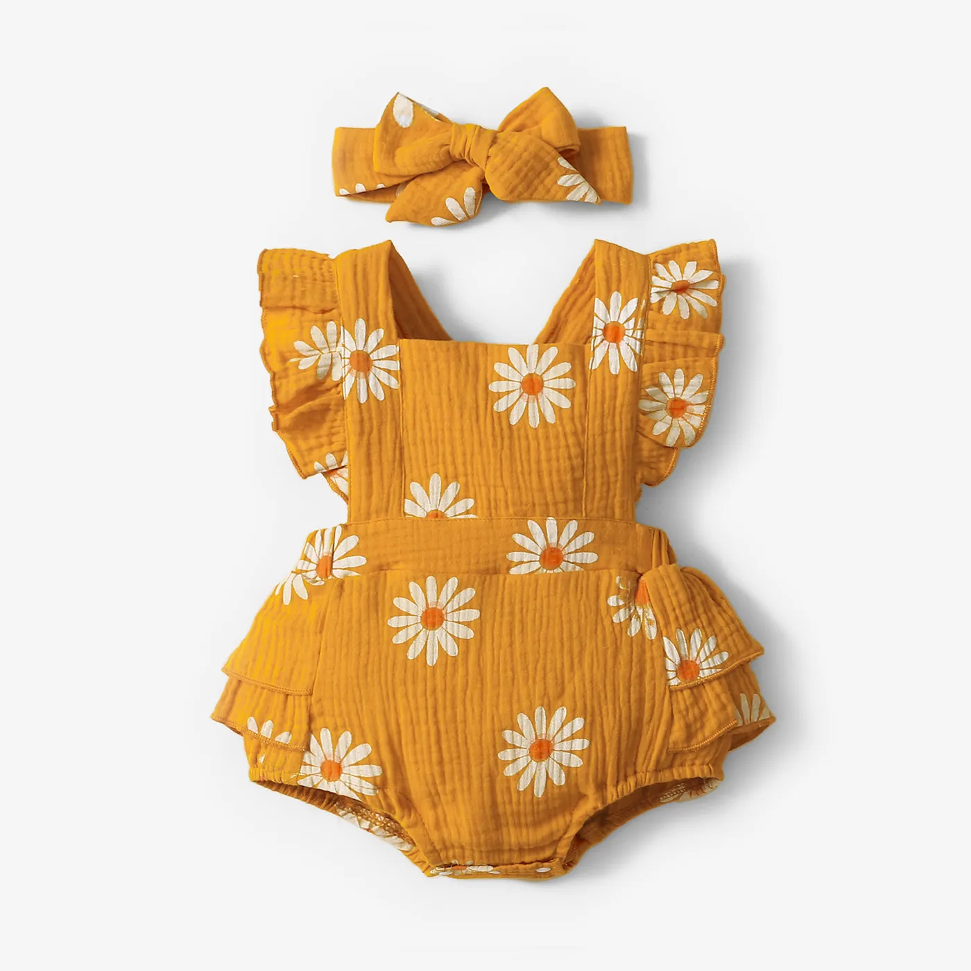 100% Cotton 2pcs Daisy Print Crepe Fabric Baby Romper Set Ginger