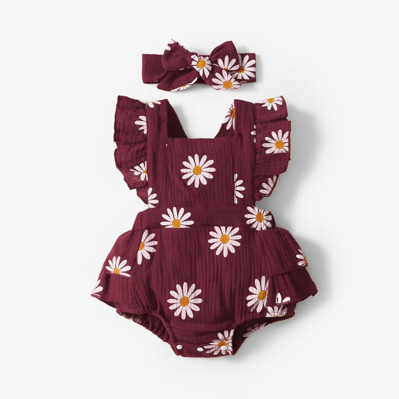 100% Cotton 2pcs Daisy Print Crepe Fabric Baby Romper Set Burgundy