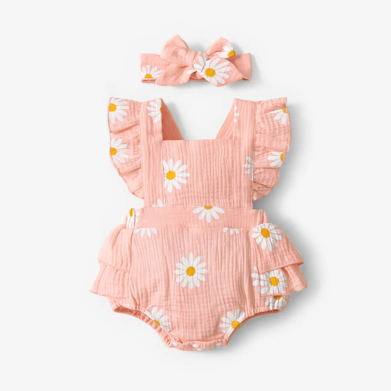 100% Cotton 2pcs Daisy Print Crepe Fabric Baby Romper Set Pink big image 1