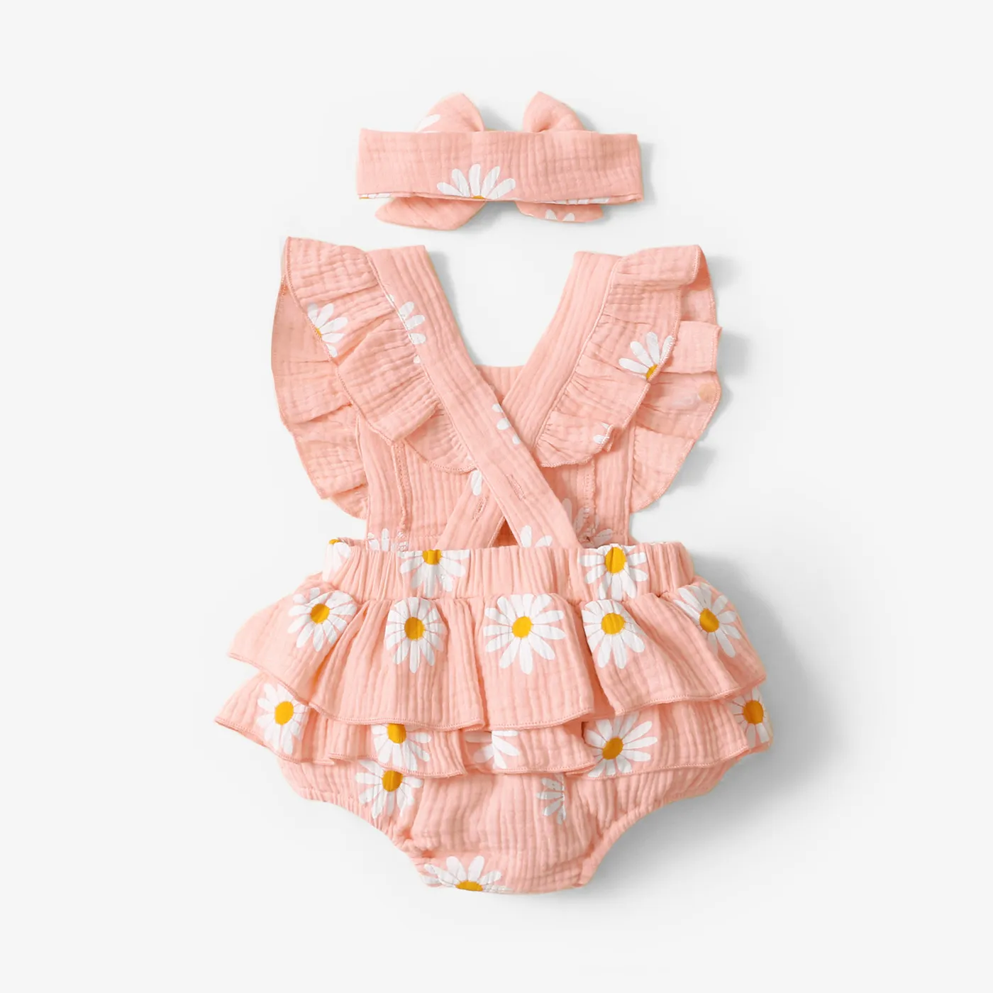 100% Cotton 2pcs Daisy Print Crepe Fabric Baby Romper Set Pink image 2
