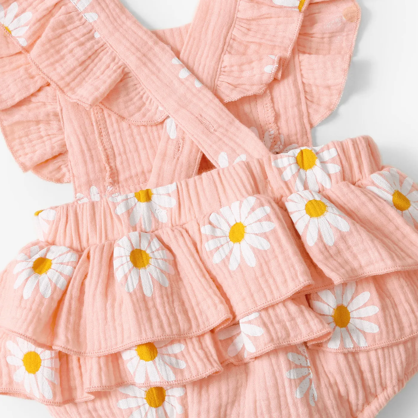 100% Cotton 2pcs Daisy Print Crepe Fabric Baby Romper Set Pink image 4