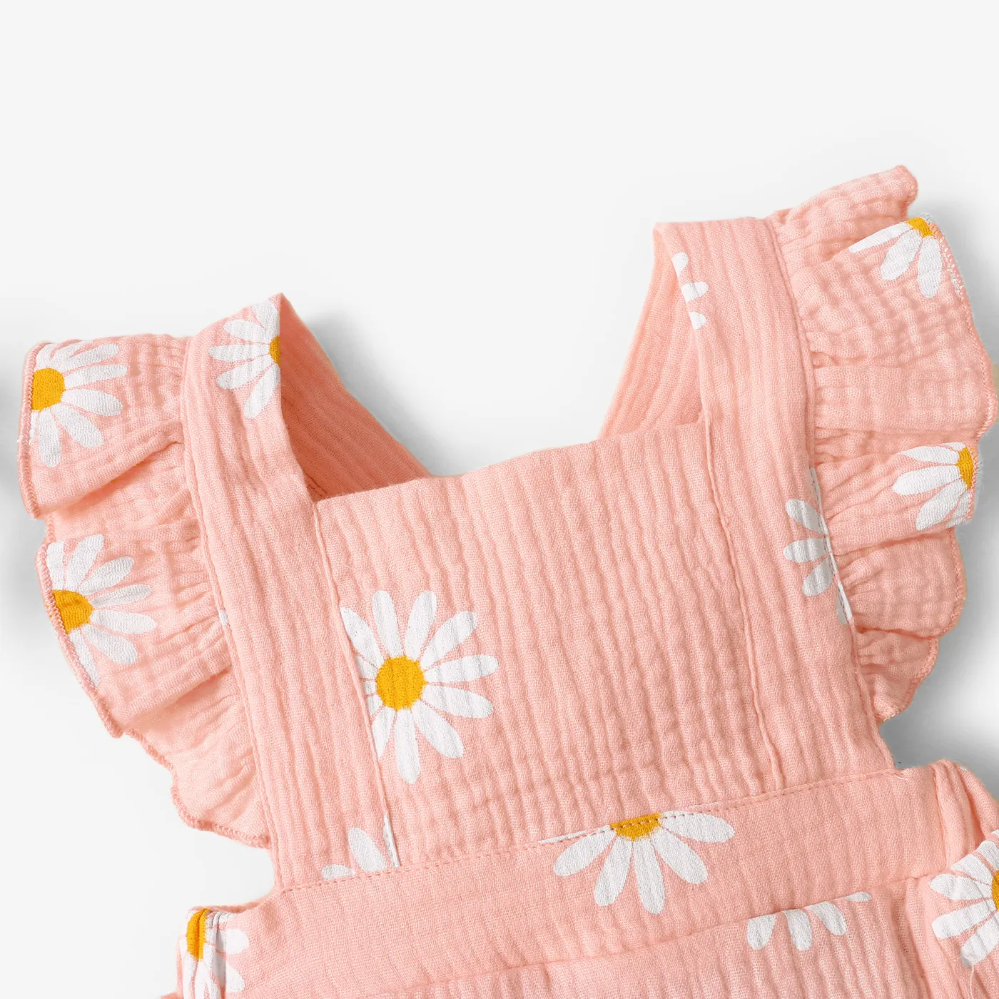100% Cotton 2pcs Daisy Print Crepe Fabric Baby Romper Set Pink image 3