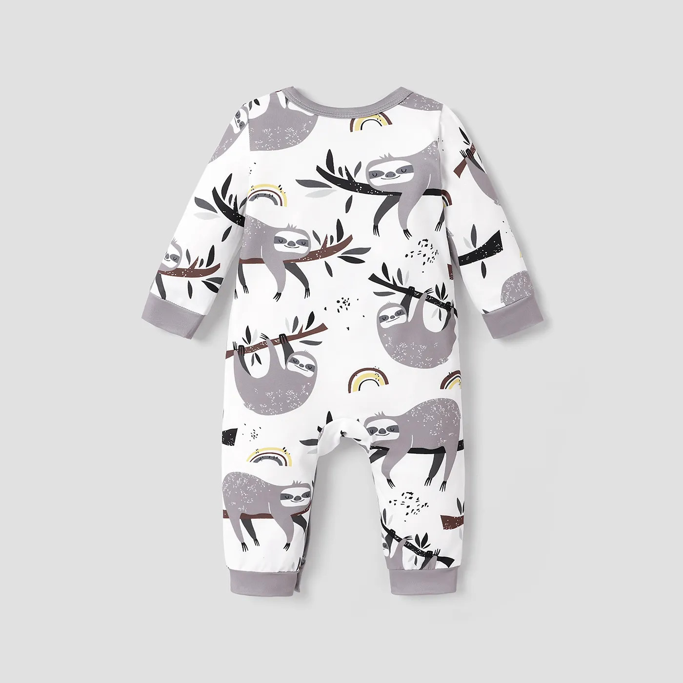 Baby Boy All Over Cartoon Sloth Print White Long-sleeve Jumpsuit White image 3