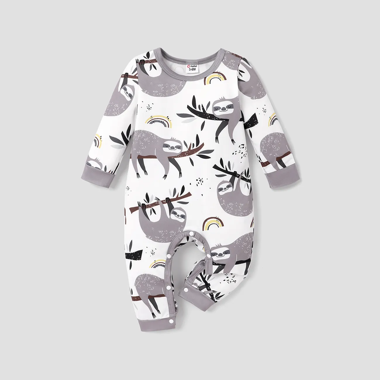 Baby Boy All Over Cartoon Sloth Print White Long-sleeve Jumpsuit White big image 1
