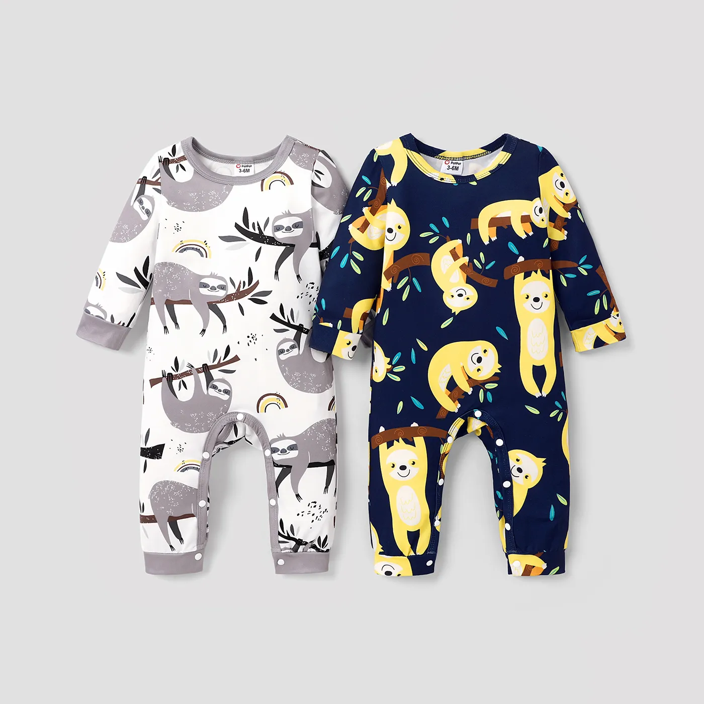 Baby Boy All Over Cartoon Sloth Print White Long-sleeve Jumpsuit White image 2