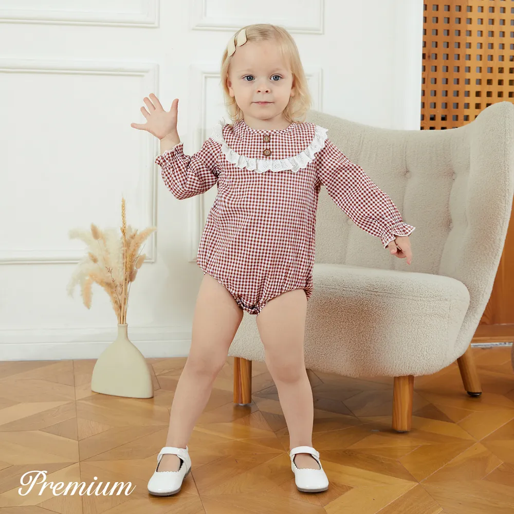 Baby Girl Lace Trim Long-sleeve Plaid Romper big image 2