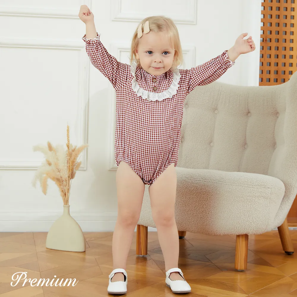 Baby Girl Lace Trim Long-sleeve Plaid Romper   big image 3