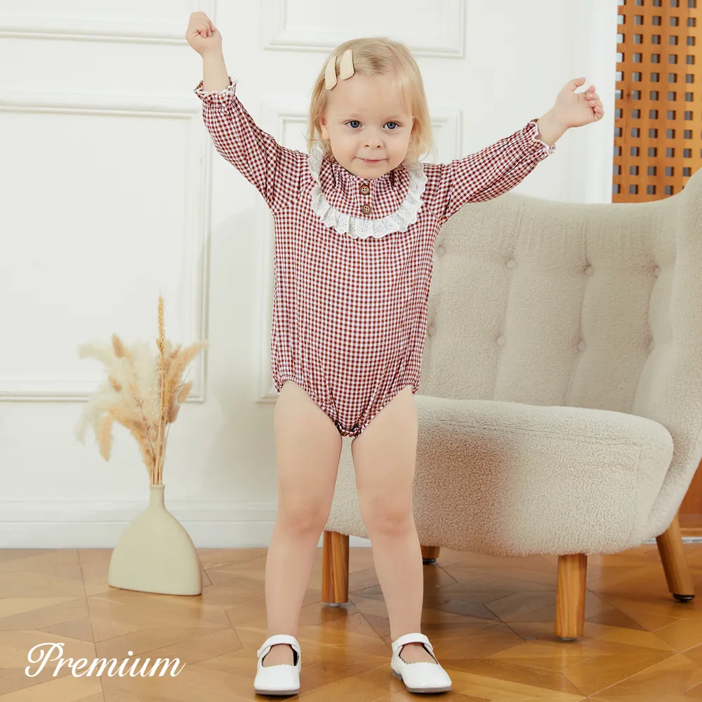 Baby Girl Lace Trim Long-sleeve Plaid Romper big image 3