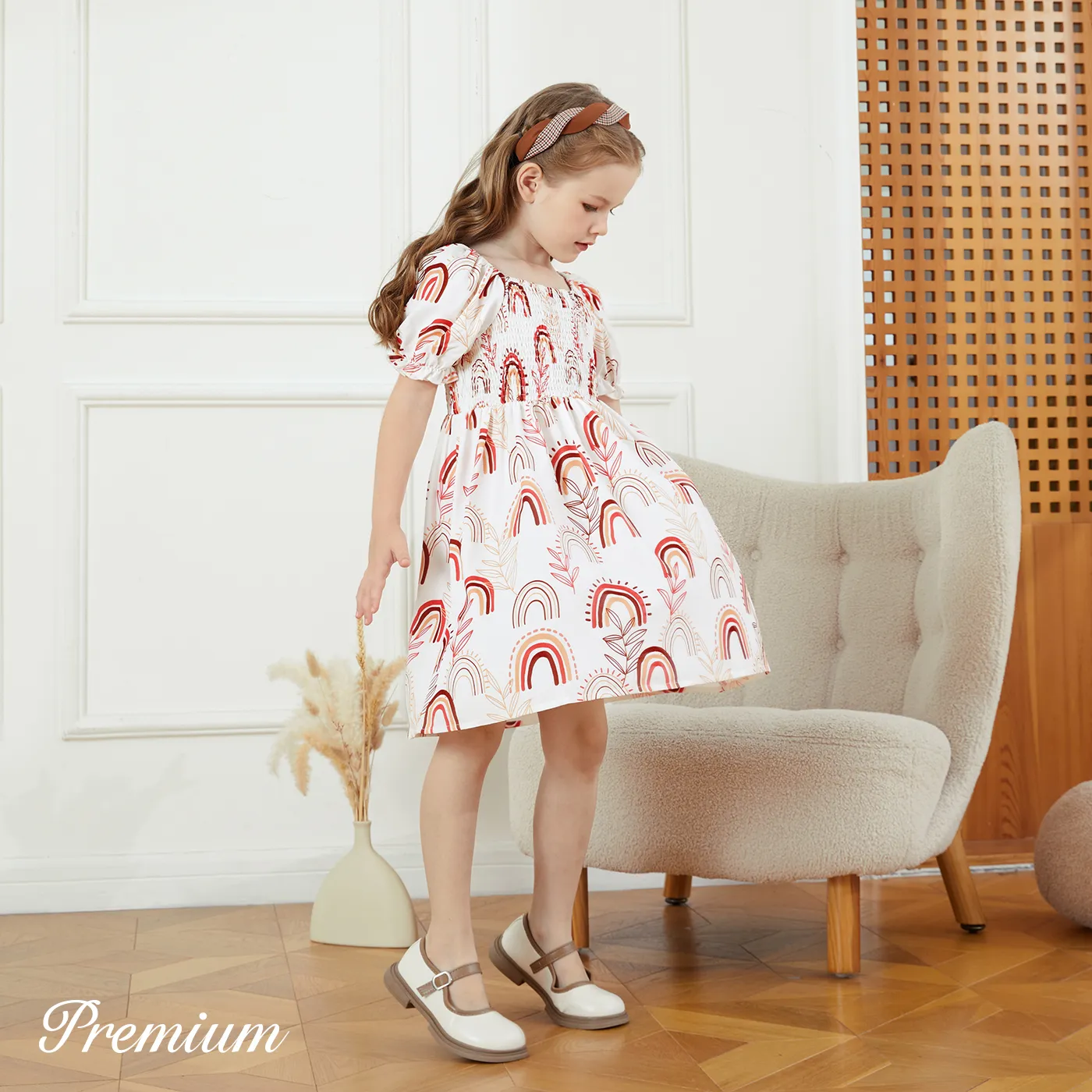 Kid Girl Allover Rainbow Plant Print Short-sleeve Square Neck Smocked Dress  ColorBlock image 2