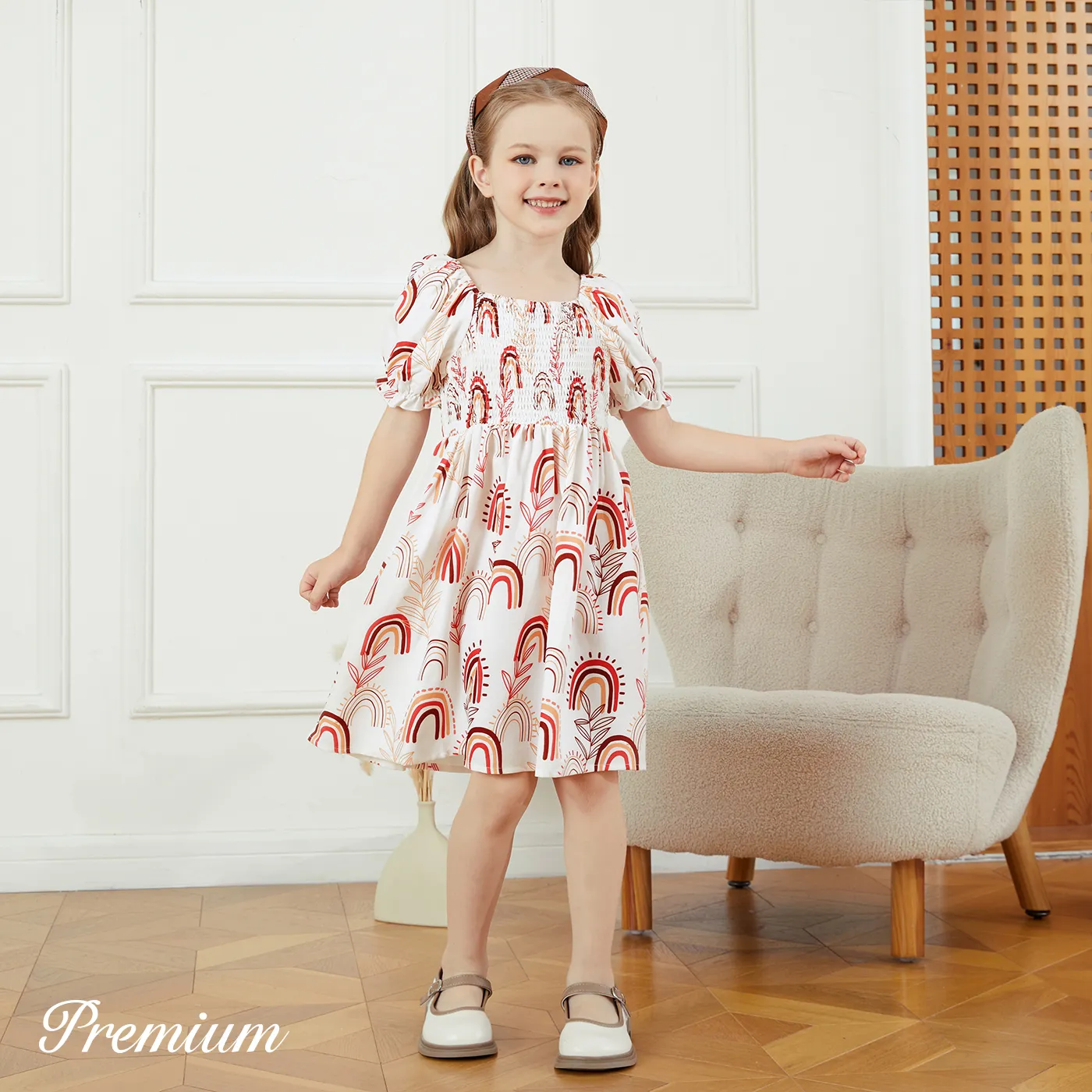 Kid Girl Allover Rainbow Plant Print Short-sleeve Square Neck Smocked Dress  ColorBlock big image 1