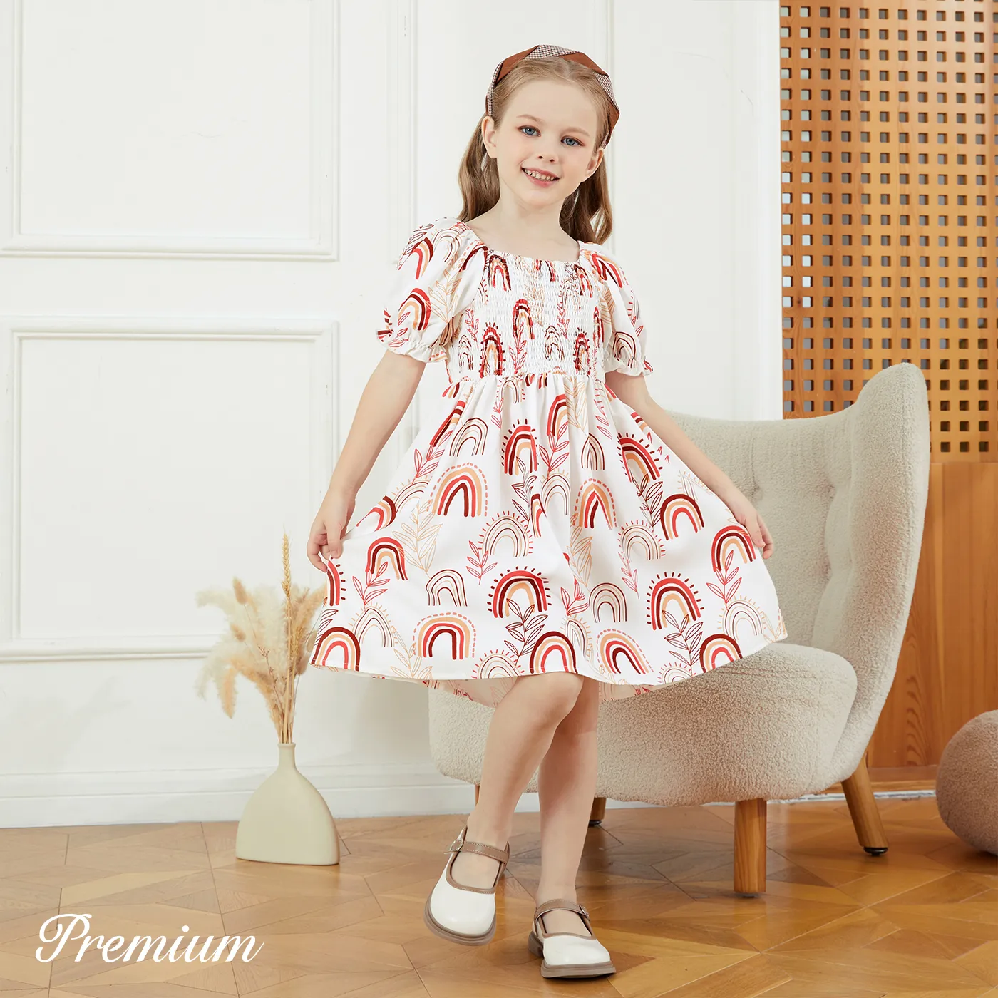 Kid Girl Allover Rainbow Plant Print Short-sleeve Square Neck Smocked Dress  ColorBlock image 3