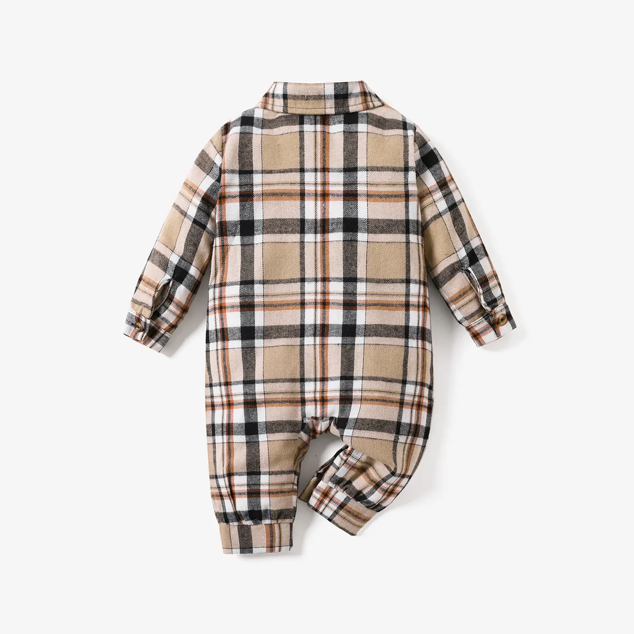 Baby Boy/Girl Button Front Long-sleeve Plaid Jumpsuit Brown big image 1