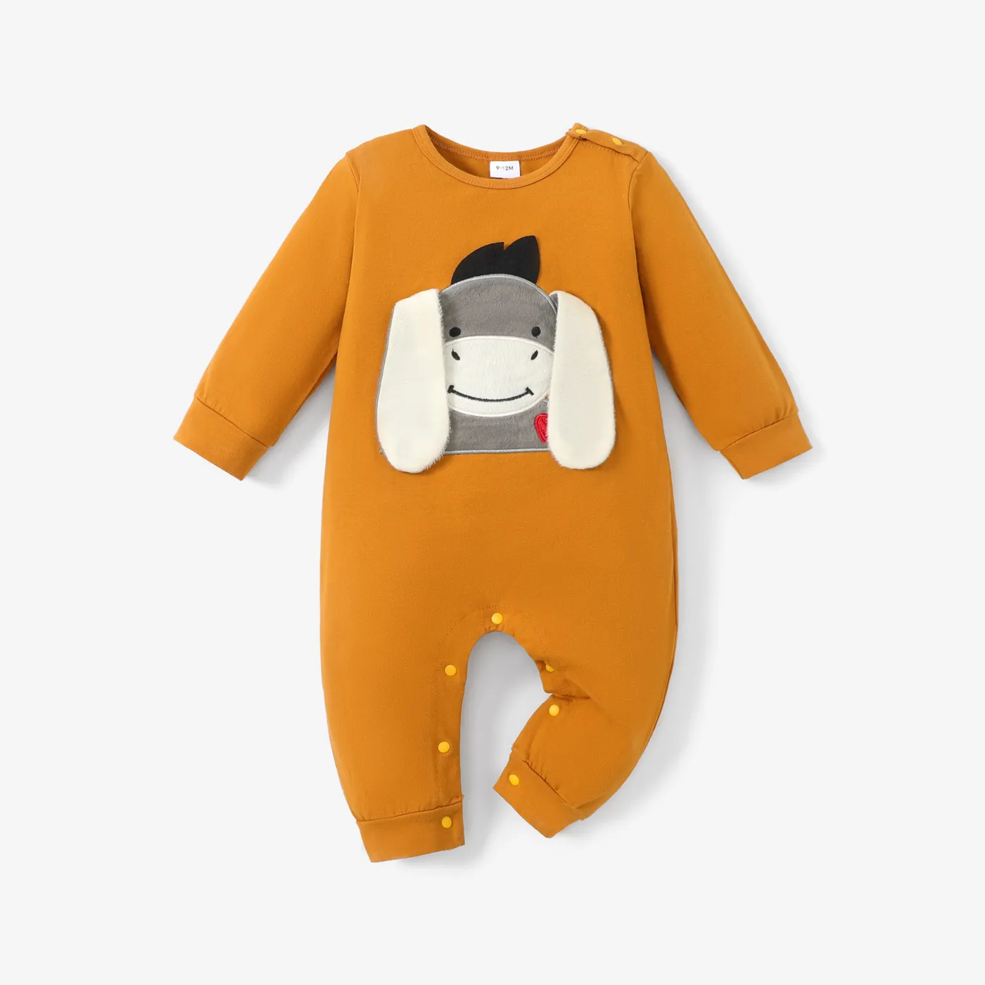 Donkey Embroidery 3D Ear Design Long-sleeve Green Baby Jumpsuit