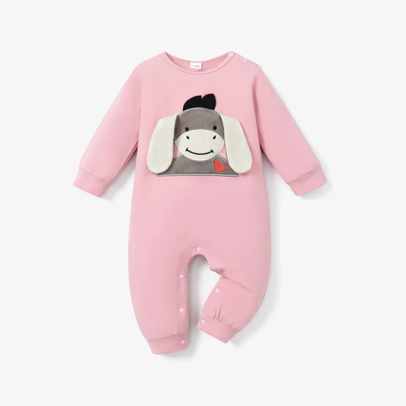 Donkey Embroidery 3D Ear Design Long-sleeve Green Baby Jumpsuit Pink big image 1