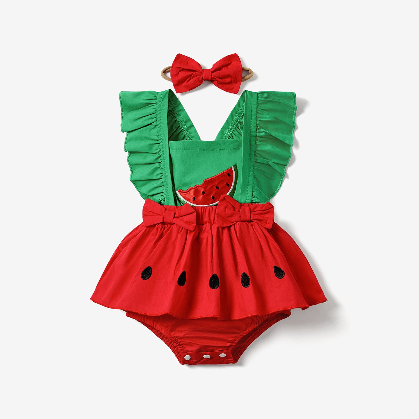 

2pcs Baby Girl 100% Cotton Ruffled Watermelon Bodysuit Dress with Headband