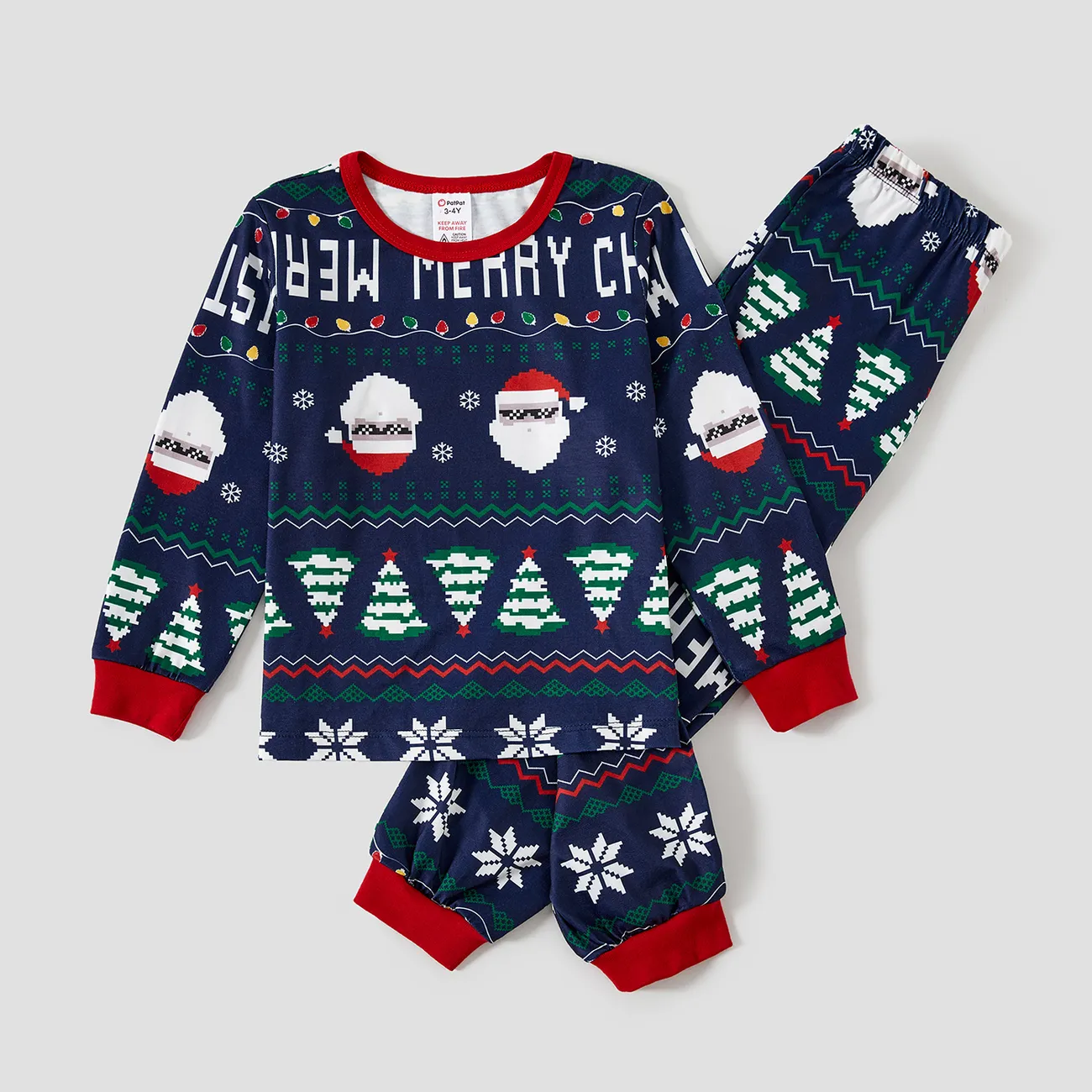 Christmas Santa and Snowflake Print Family Matching Pajamas Sets (Flame Resistant) Deep Blue big image 1