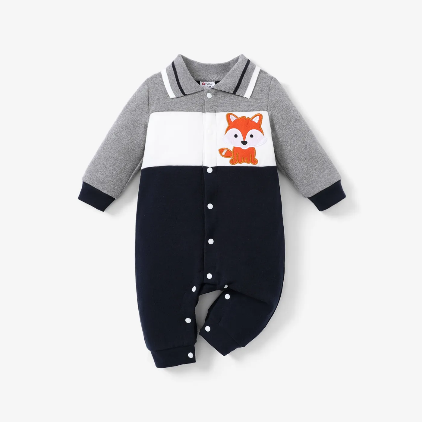 Baby Boy Animal Pattern Fox Print Shirt Collar Long Sleeve Jumpsuit  Color block big image 1
