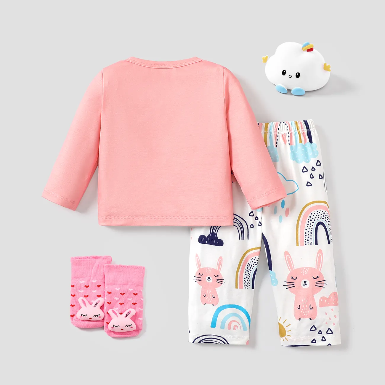 2pcs Baby Girl Rabbit Pattern Casual Pajama Set Rosado big image 1