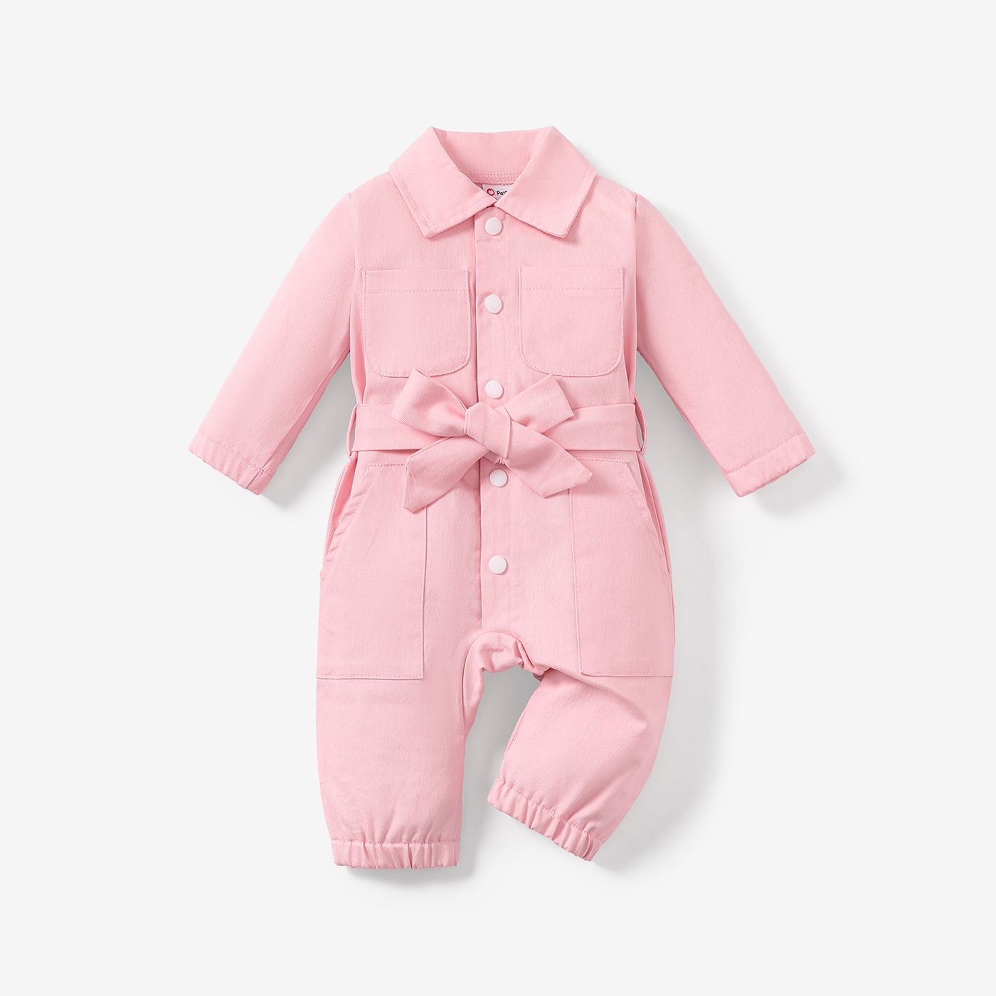 Baby Girl Cotton Classic Long Sleeve Jumpsuit With Patch Pocket