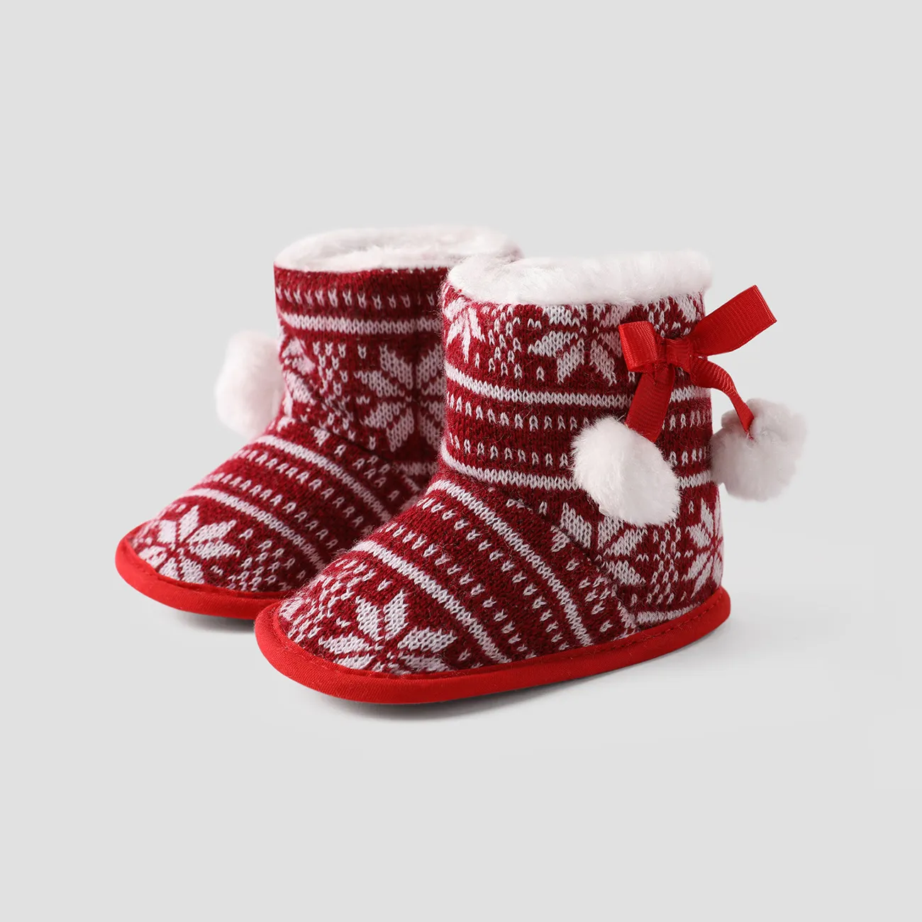Christmas Baby & Toddler Pompom Decor Snowflake Print Fleece Prewalker Shoes  Brick red big image 1
