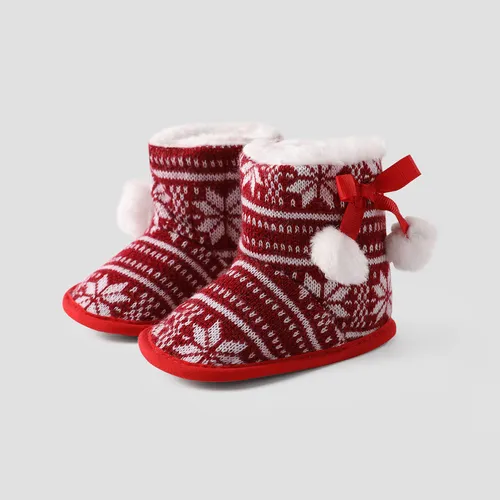 Christmas Baby & Toddler Pompom Decor Snowflake Print Fleece Prewalker Shoes 