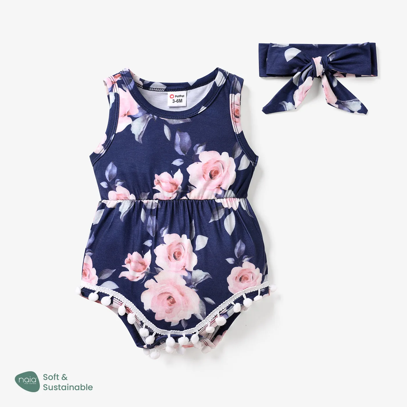 

2pcs Baby Girl Floral Print Pom Poms Detail Sleeveless Naia™ Romper & Headband Set