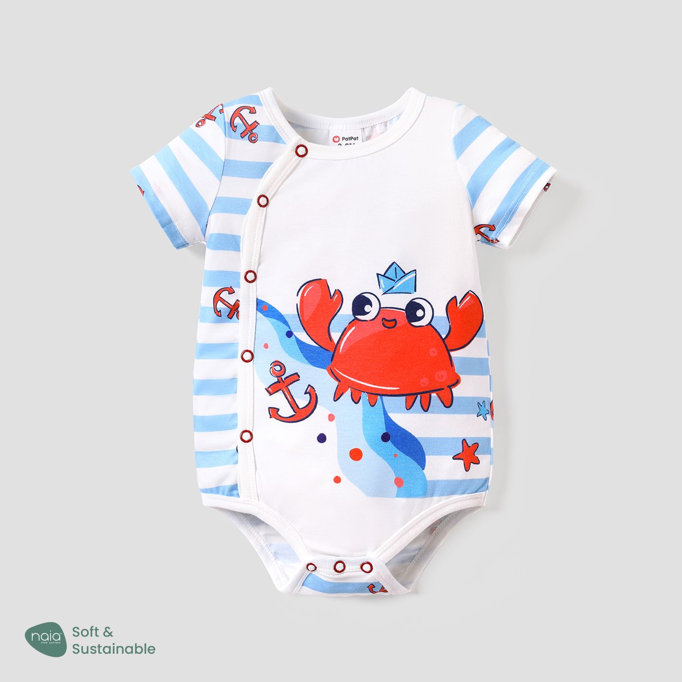 

Naia™ Baby Boy Crab Print Blue Striped Short-sleeve Romper