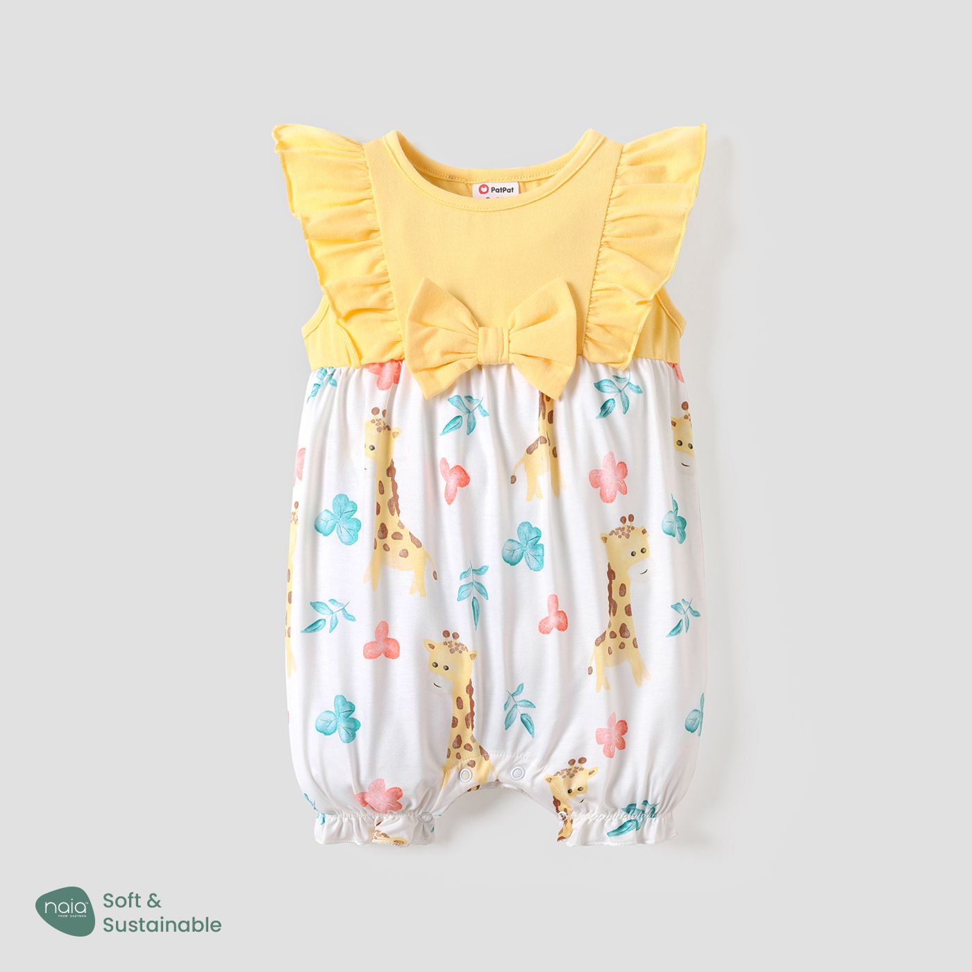 

Naia™ Baby Girl Cotton Giraffe Print Bowknot Design Flutter-sleeve Romper