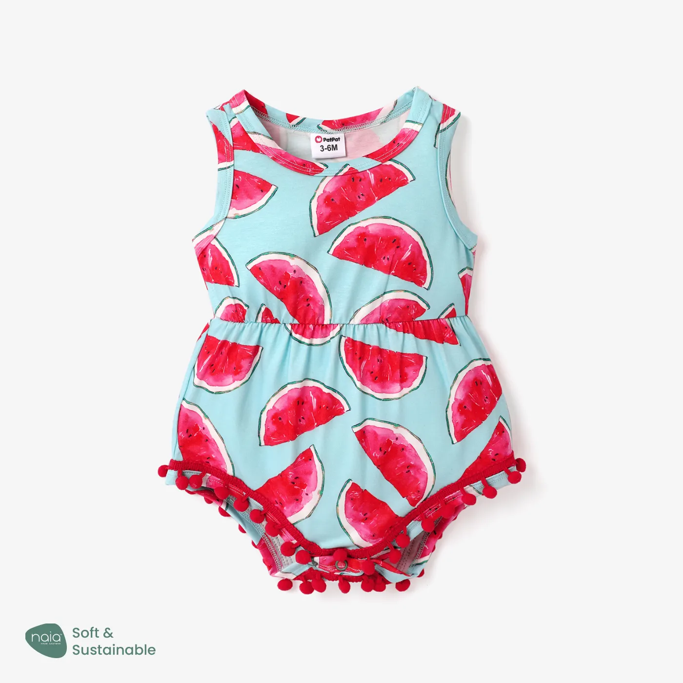 Naia™ Baby Girl Pom Poms Detail Allover Watermelon Print Tank Romper  big image 1