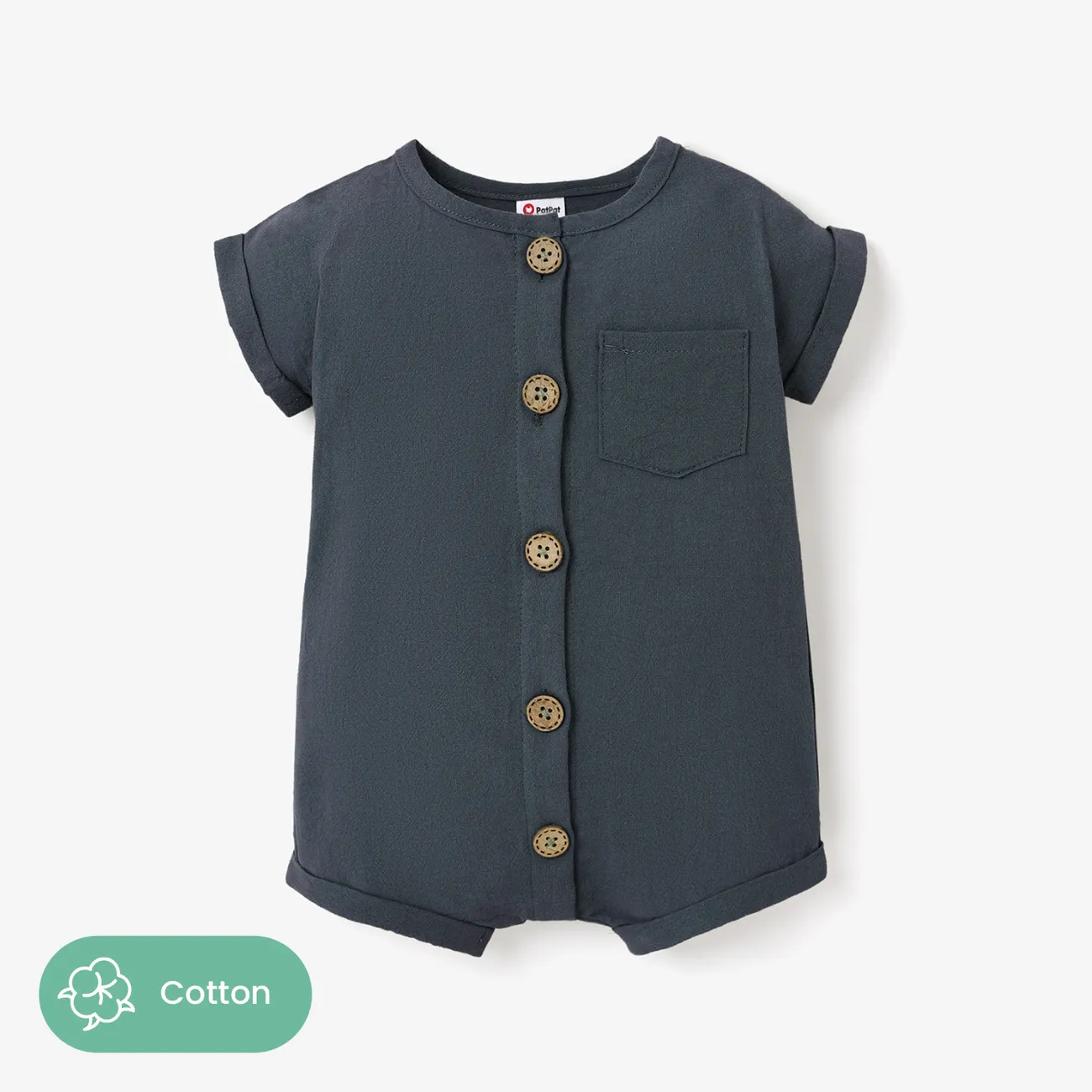 Baby Boy/Girl 100% Cotton Solid/Striped Button Up Cap-sleeve Romper Dark Grey big image 1