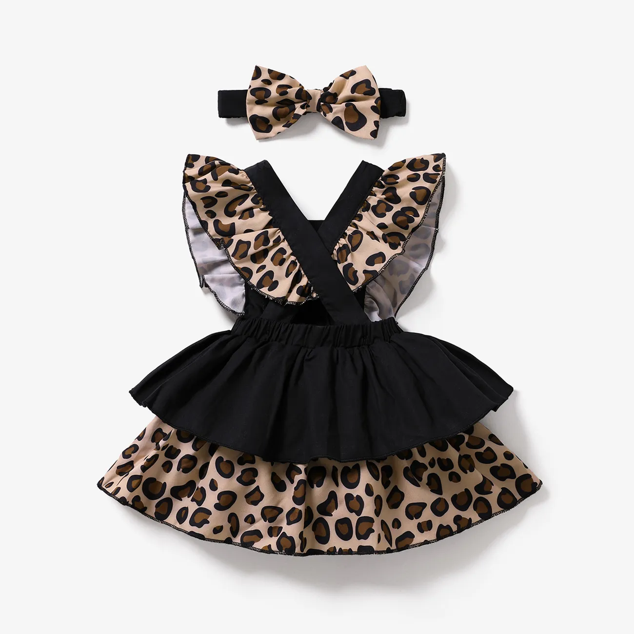 2pcs Baby Girl 95% Cotton Solid & Leopard Print Layered Ruffle Trim Sleeveless Romper and Headband Set Black big image 1