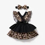 2pcs Baby Girl 95% Cotton Solid & Leopard Print Layered Ruffle Trim Sleeveless Romper and Headband Set  image 2