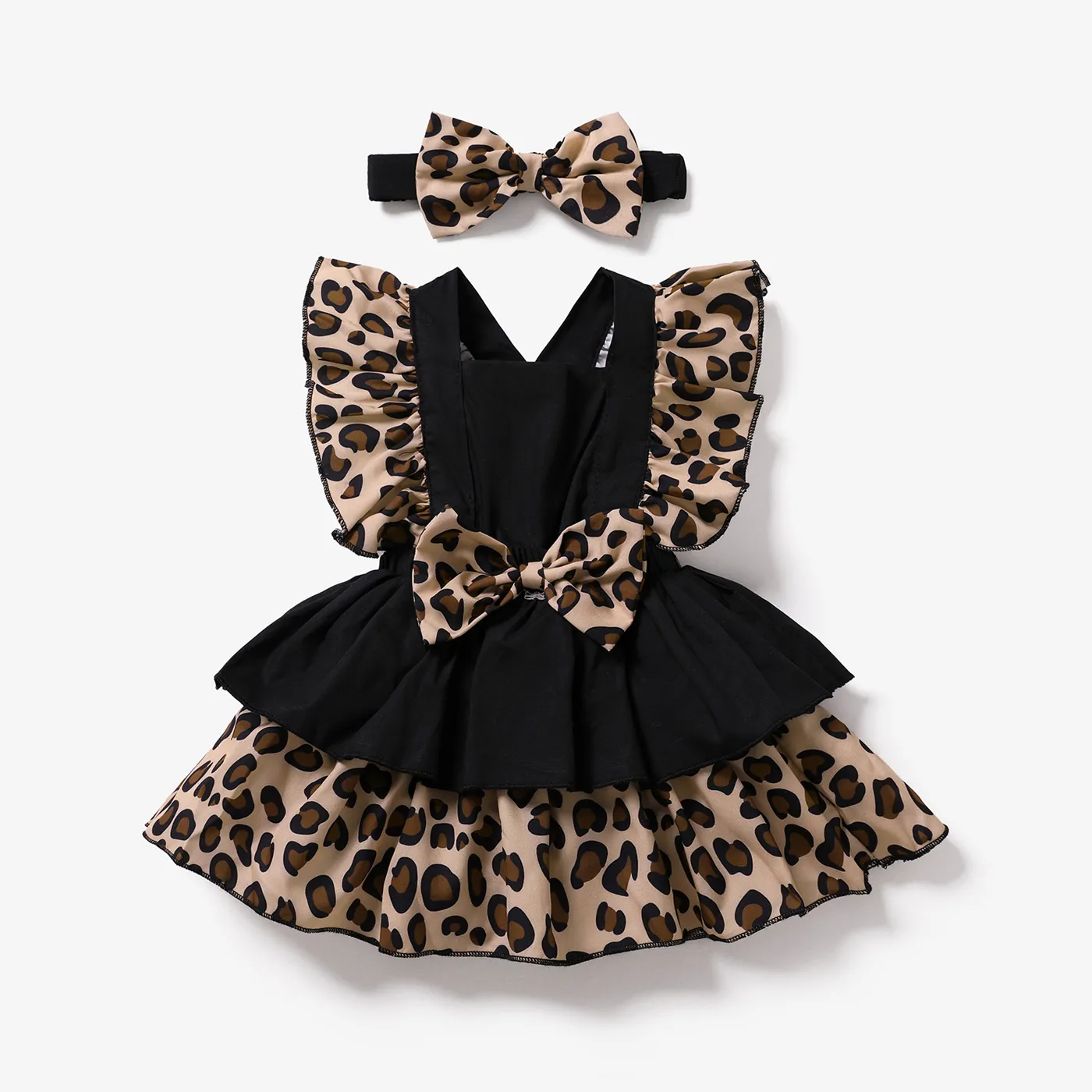 2pcs Baby Girl 95% Cotton Solid & Leopard Print Layered Ruffle Trim Sleeveless Romper And Headband Set