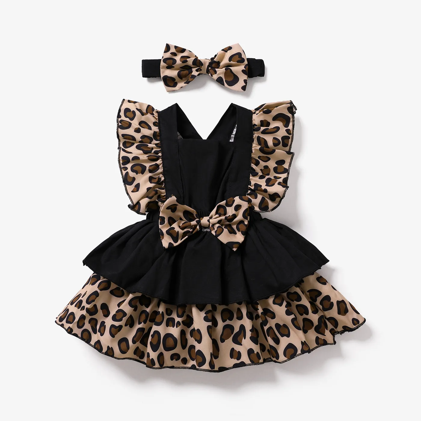 2pcs Baby Girl 95% Cotton Solid & Leopard Print Layered Ruffle Trim Sleeveless Romper and Headband Set  big image 1