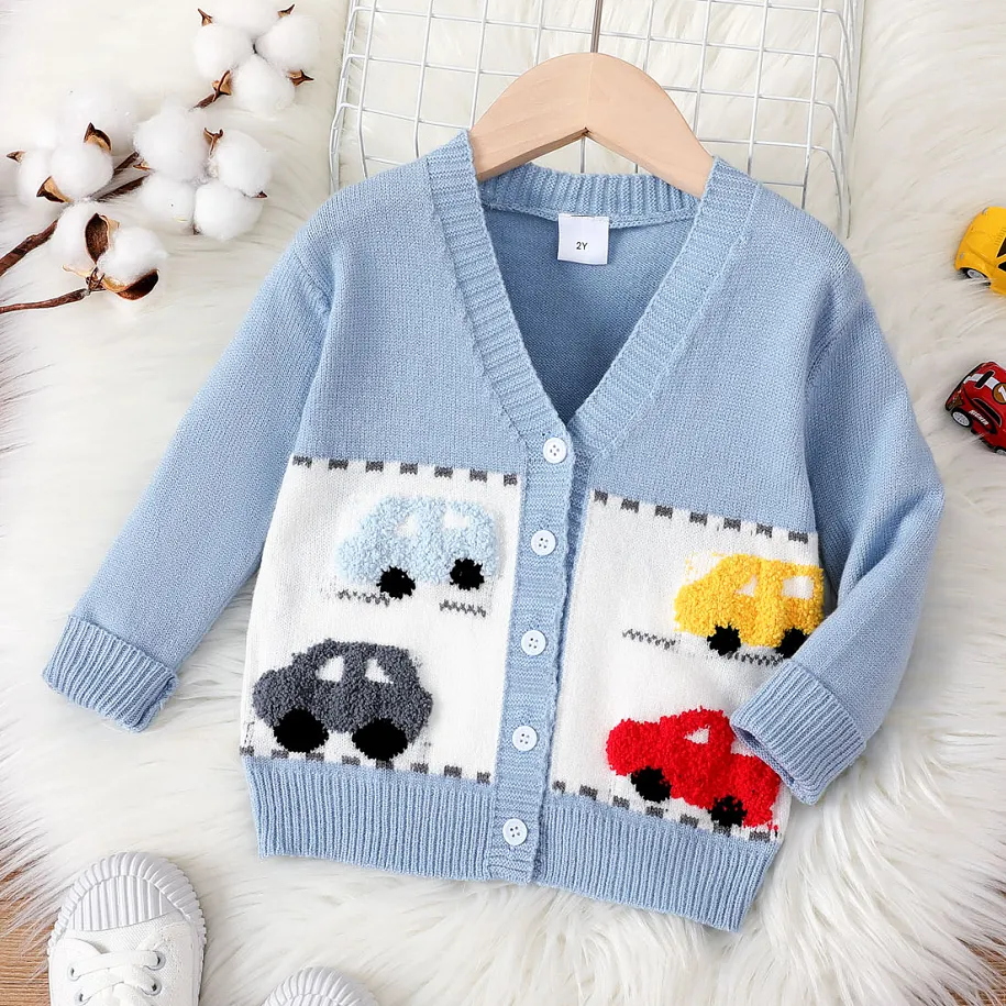 Toddler Girl/Boy Vehicle Pattern Button Up Sweater