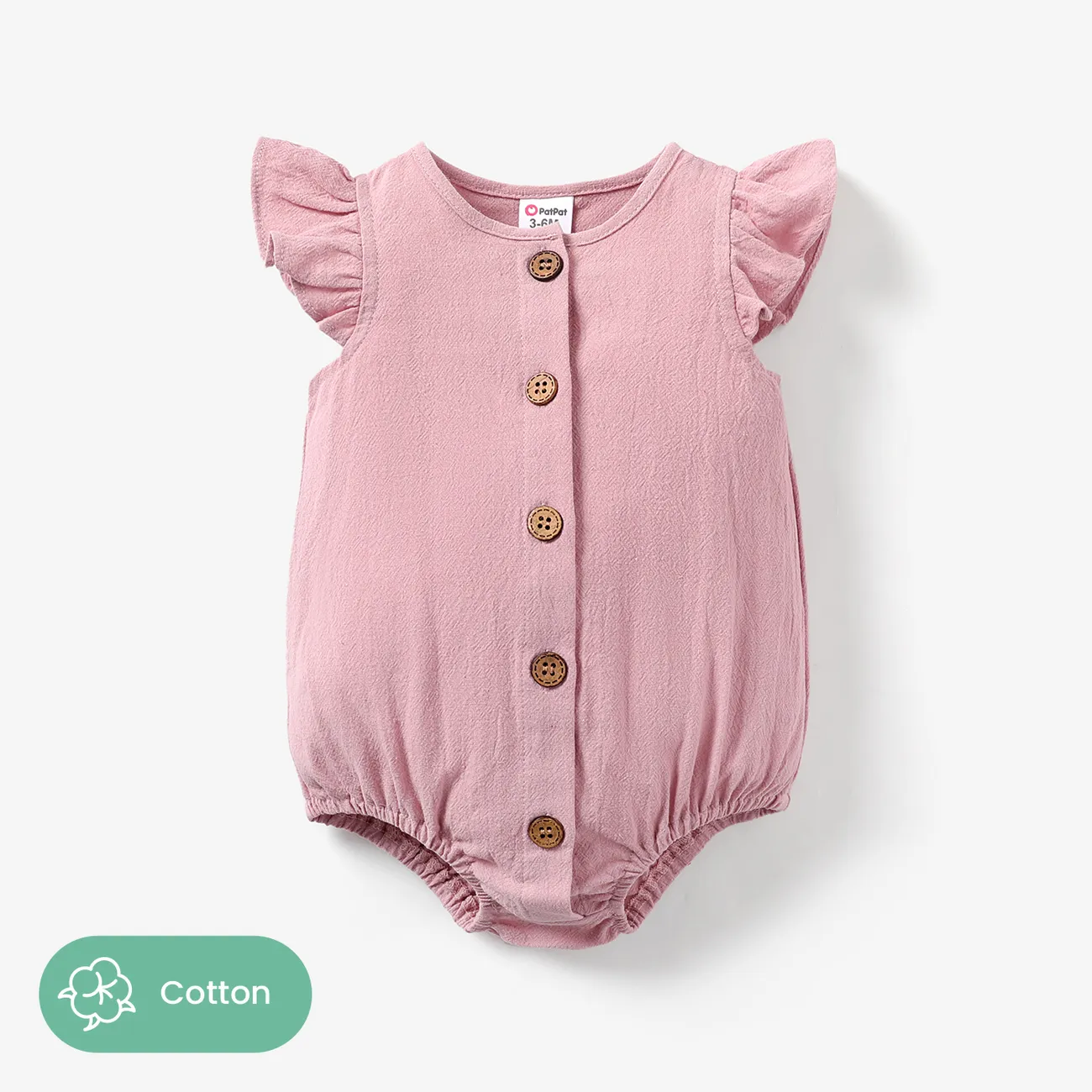 100% Cotton Baby Girl Solid Flutter-sleeve Button Up Romper DirtyPink big image 1