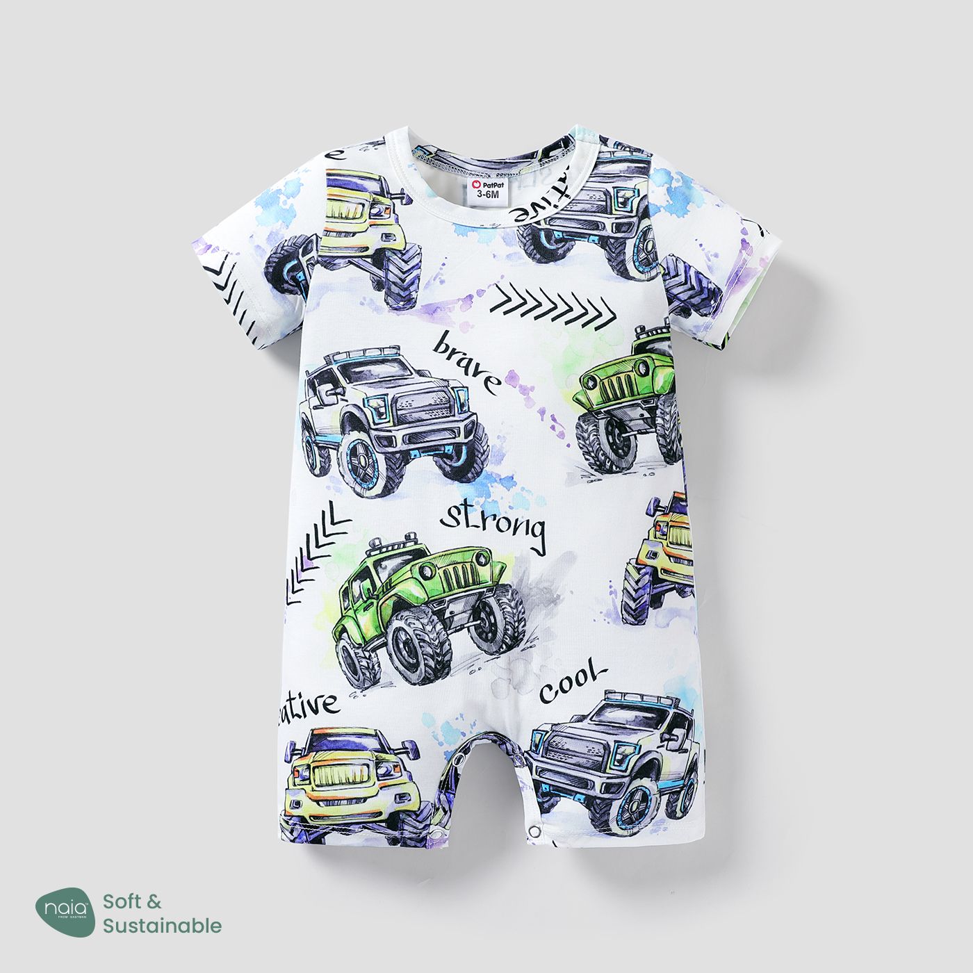 

Baby Boy Allover Vehicle & Letter Print Short-sleeve Naia™ Romper