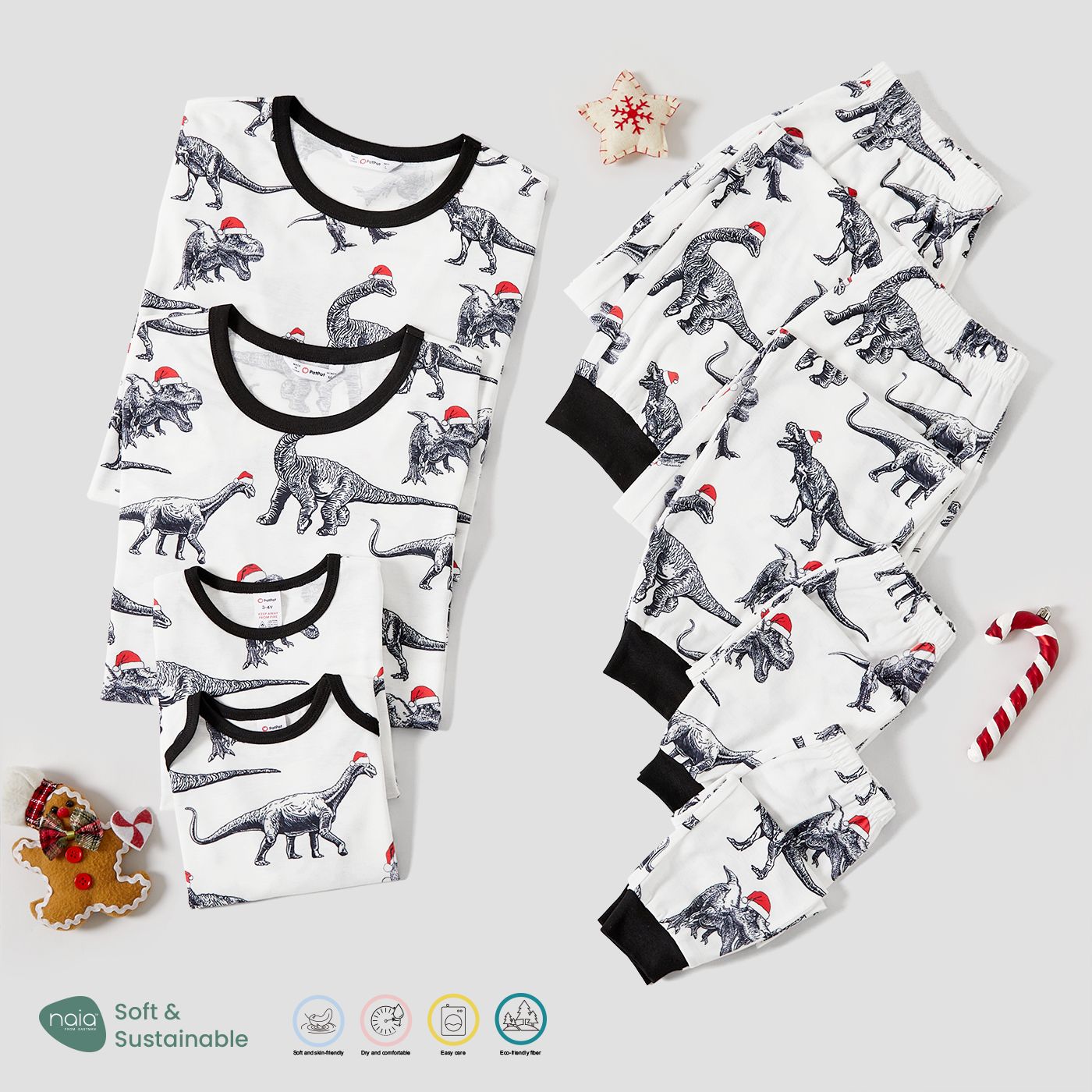 Ensembles De Pyjamas à Manches Longues à Imprimé Dinosaures Et Chapeaux Assortis à La Famille De Noël (résistant Aux Flammes)