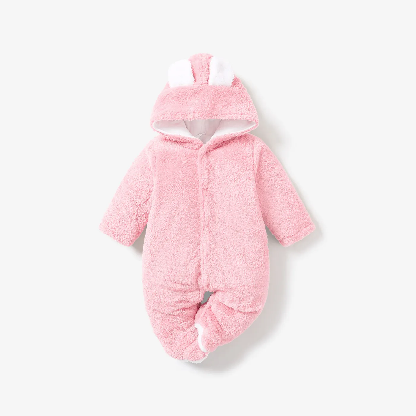 Solid Hooded 3D Bear Design Long-sleeve Baby Jumpsuit Pink