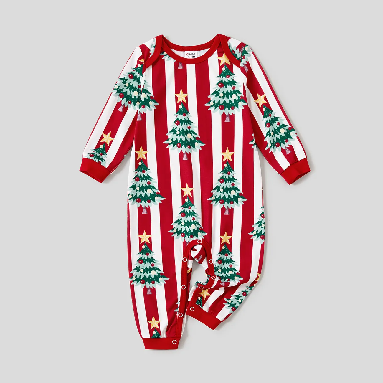 Christmas Family Matching Trees Print Stripes Long-sleeve Pajamas Sets(Flame resistant) Red big image 1