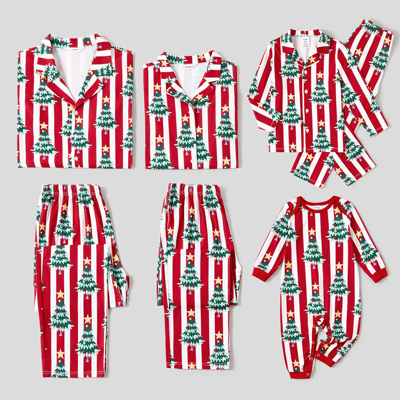 Christmas Family Matching Trees Print Stripes Long-sleeve Pajamas Sets(Flame Resistant)