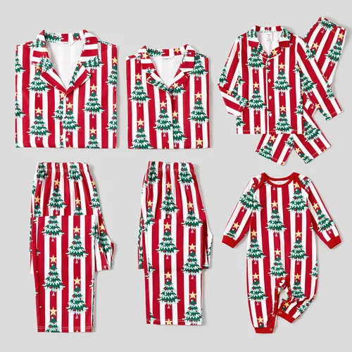 Christmas Family Matching Trees Print Stripes Long-sleeve Pajamas Sets(Flame resistant)