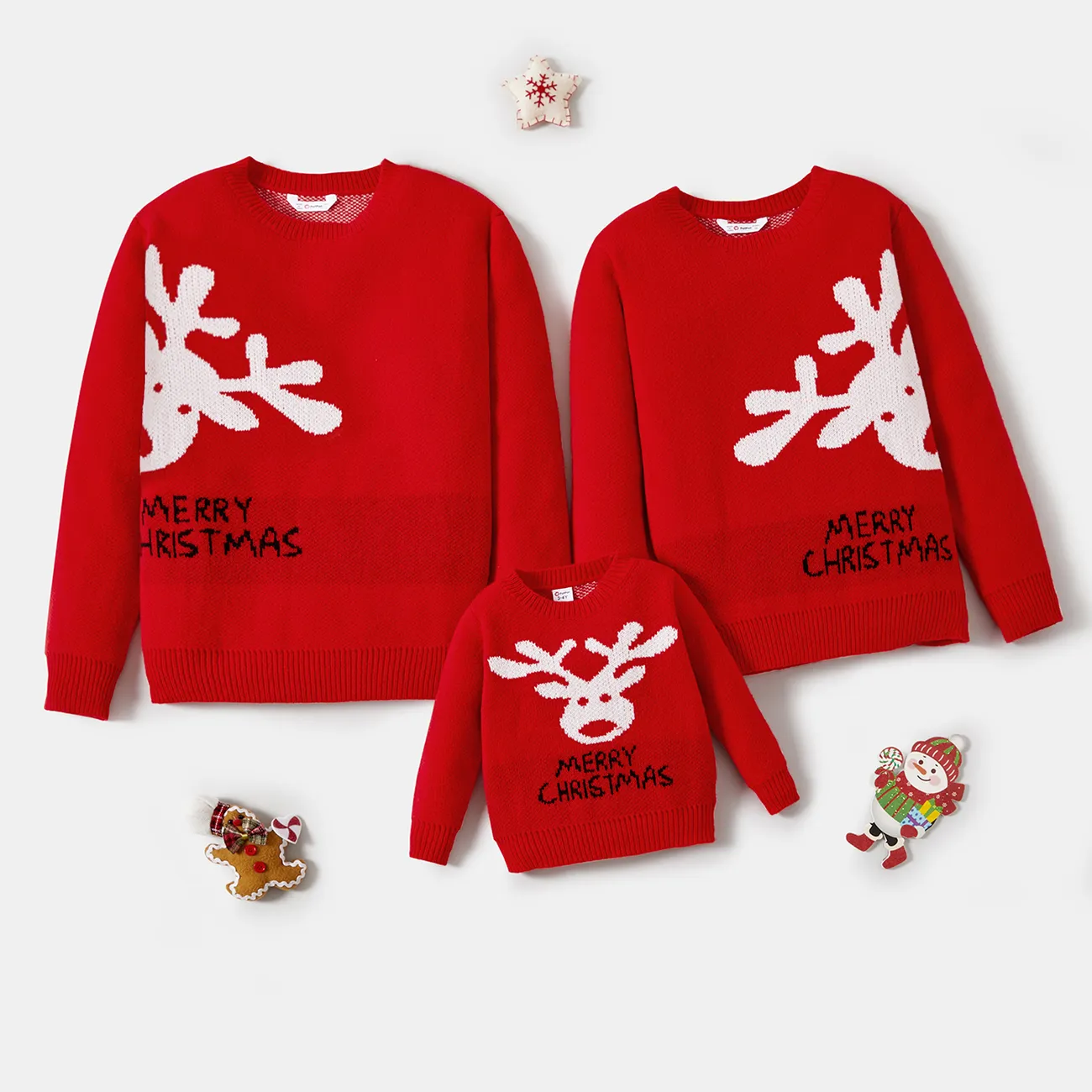 Christmas Family Matching Reindeer and Letter Print Red Sweaters Red big image 1