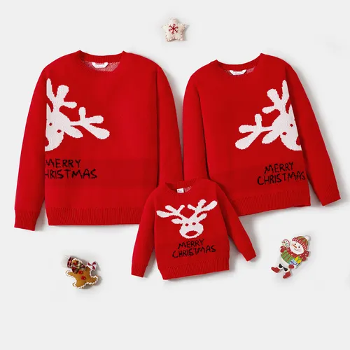 Christmas Family Matching Reindeer and Letter Print Red Sweaters