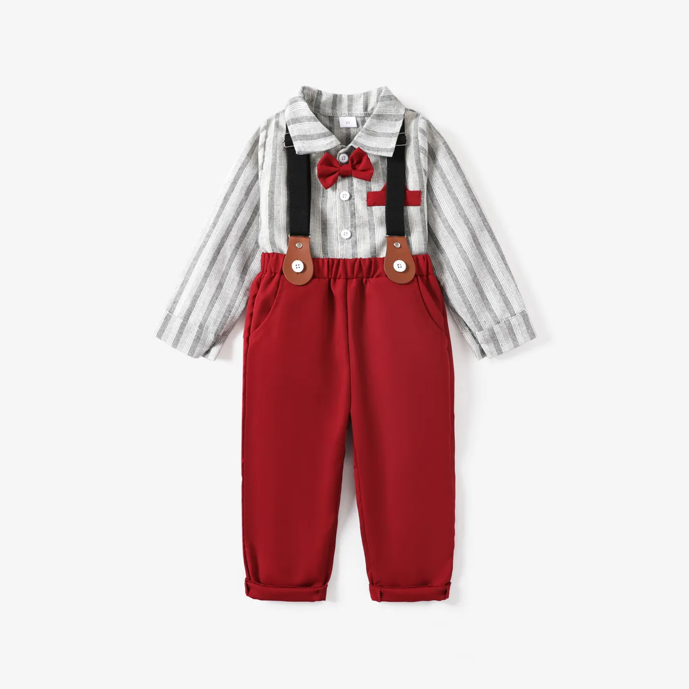 3PCS Toddler Boy Christmas Hyper-Tactile 3D Design Stripe Shirt/ Pants/Suspender Set Grey image 3