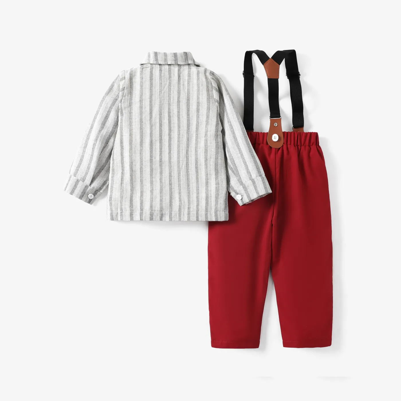 3PCS Toddler Boy Christmas Hyper-Tactile 3D Design Stripe Shirt/ Pants/Suspender Set Grey image 4