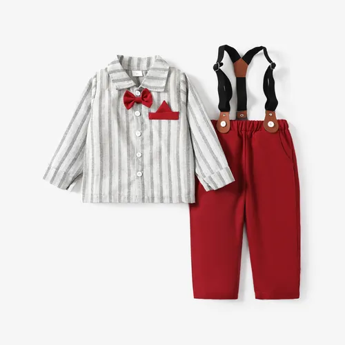 3PCS Toddler Boy Christmas Hyper-Tactile 3D Design Stripe Shirt/ Pants/Suspender Set