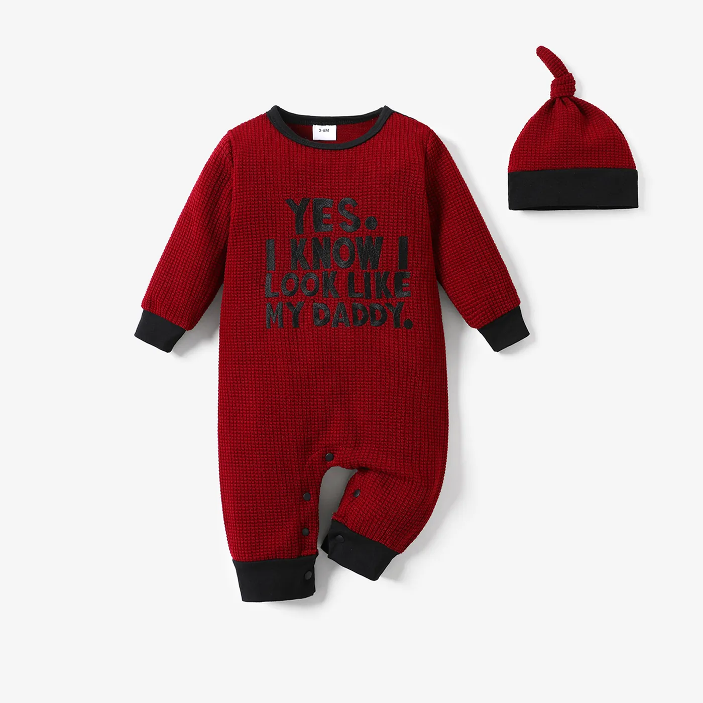 2pcs Baby Boy/Girl Letter Embroidered Long-sleeve Knitted Jumpsuit with Hat Set Burgundy